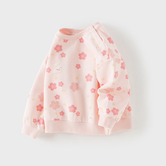 Dave&Bella Toddler Girls Pink Charming Flower Print Round Collar Sweatshirts