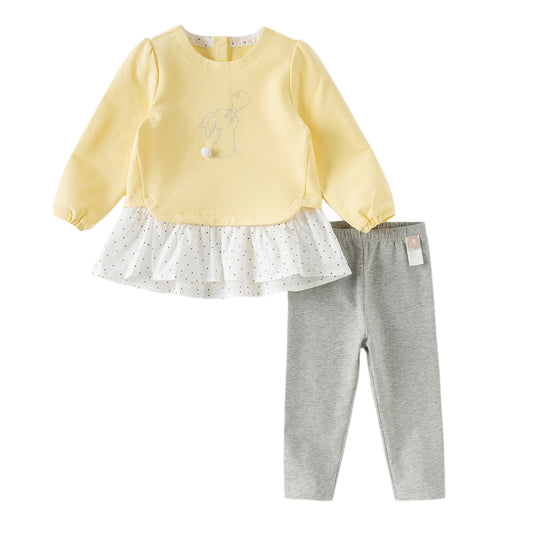 Dave&Bella Toddler Girls Charming Yellow Long Sleeve Dress-style T-shirt Pant Suits