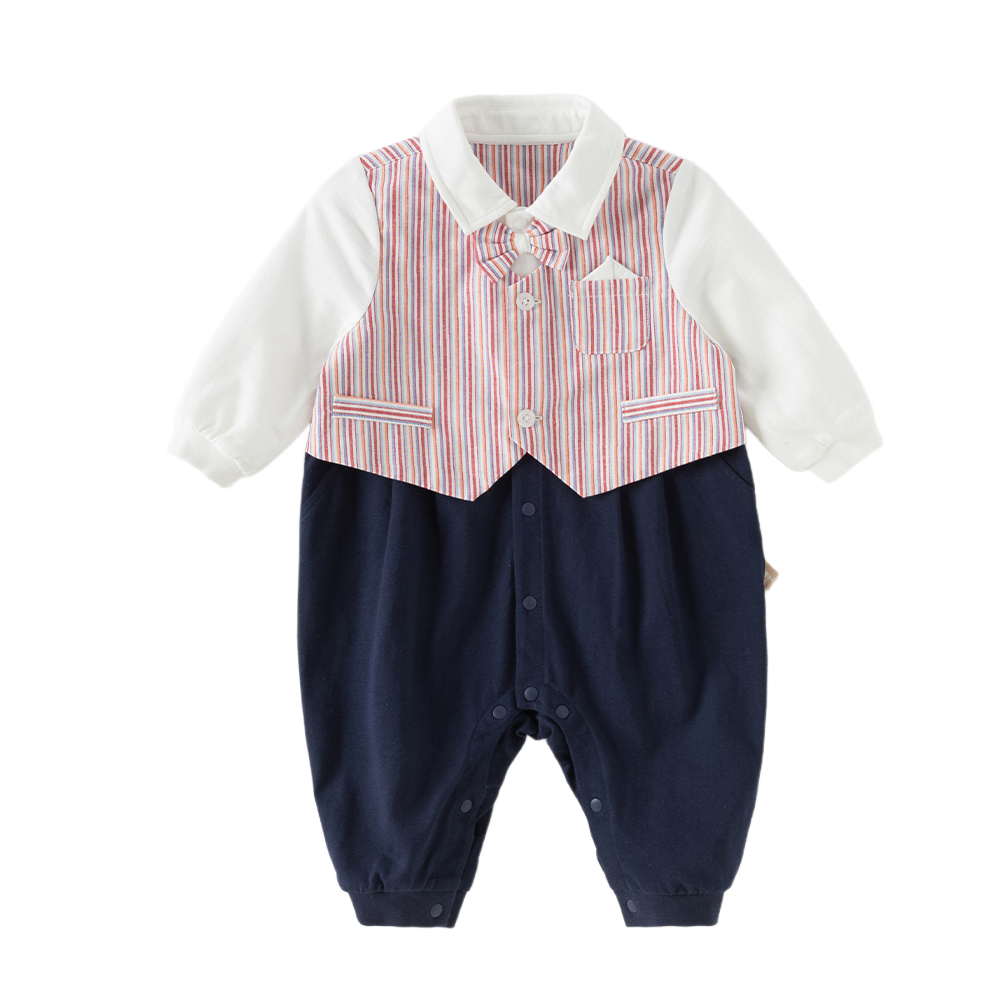 Dave&Bella Baby Boys Red White Striped Turndown Collar Cozy Cotton Rompers