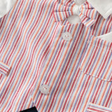 Dave&Bella Baby Boys Red White Striped Turndown Collar Cozy Cotton Rompers