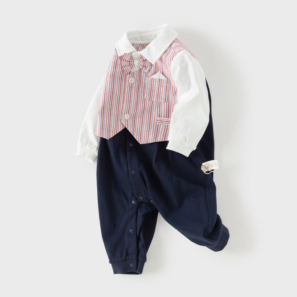 Dave&Bella Baby Boys Red White Striped Turndown Collar Cozy Cotton Rompers