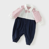 Dave&Bella Baby Boys Red White Striped Turndown Collar Cozy Cotton Rompers