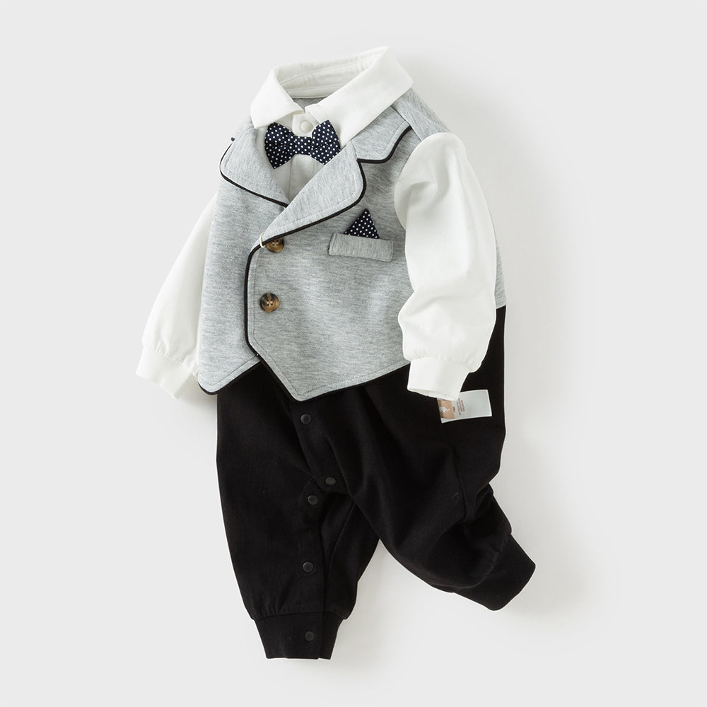 Dave&Bella Baby Boys Light Grey Long Sleeve Fake-two-piece Rompers