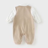 Dave&Bella Baby Boys Khaki Bow Tie Long Sleeve Cotton Fake-two-piece Rompers
