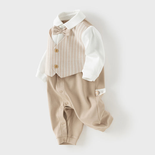 Dave&Bella Baby Boys Khaki Bow Tie Long Sleeve Cotton Fake-two-piece Rompers