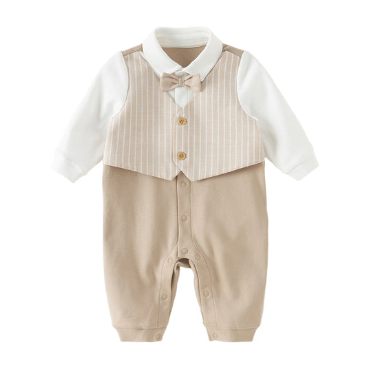Dave&Bella Baby Boys Khaki Bow Tie Long Sleeve Cotton Fake-two-piece Rompers