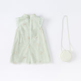 Dave&Bella Kids Girls Summer Grey Green Floral Sleeveless A-line Dress(wallet bag)