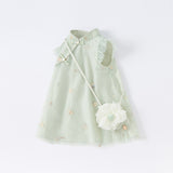 Dave&Bella Kids Girls Summer Grey Green Floral Sleeveless A-line Dress(wallet bag)