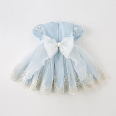Dave&Bella Kids Girls Summer Elegant Blue Mesh Embroidery Lace Hem Princess Dress