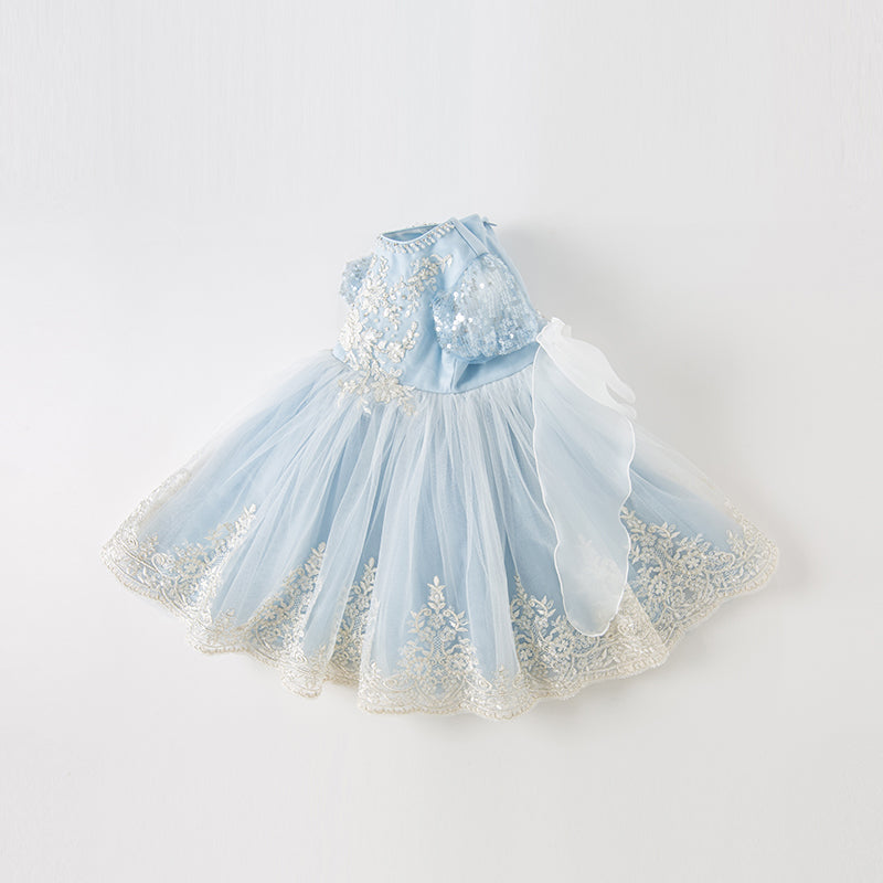 Dave&Bella Kids Girls Summer Elegant Blue Embroidery Lace Hem Princess Tulle Dress