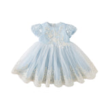 Dave&Bella Kids Girls Summer Elegant Blue Embroidery Lace Hem Princess Tulle Dress