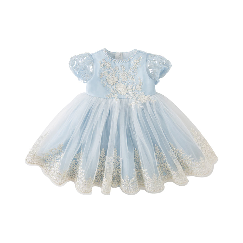 Dave&Bella Kids Girls Summer Elegant Blue Embroidery Lace Hem Princess Tulle Dress