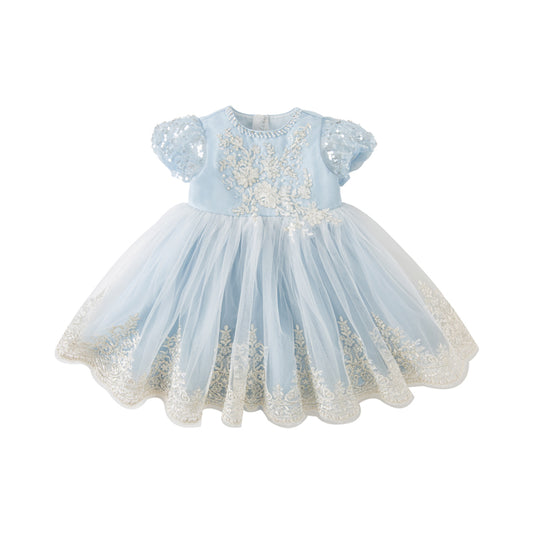 Dave&Bella Kids Girls Summer Elegant Blue Mesh Embroidery Lace Hem Princess Dress