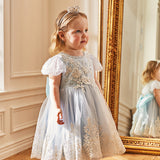 Dave&Bella Kids Girls Summer Elegant Blue Embroidery Lace Hem Princess Tulle Dress