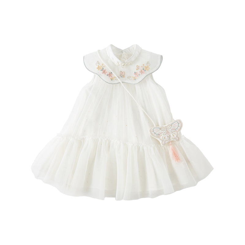 Dave&Bella Summer Kids Girls White Chinese-style Sleeveless Embroidery Mesh Dress