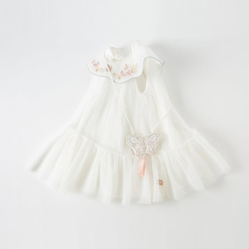 Dave&Bella Summer Kids Girls White Chinese-style Sleeveless Embroidery Mesh Dress