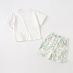 Dave&Bella Summer Toddler Boys Leaf Print White Two-Piece Suit