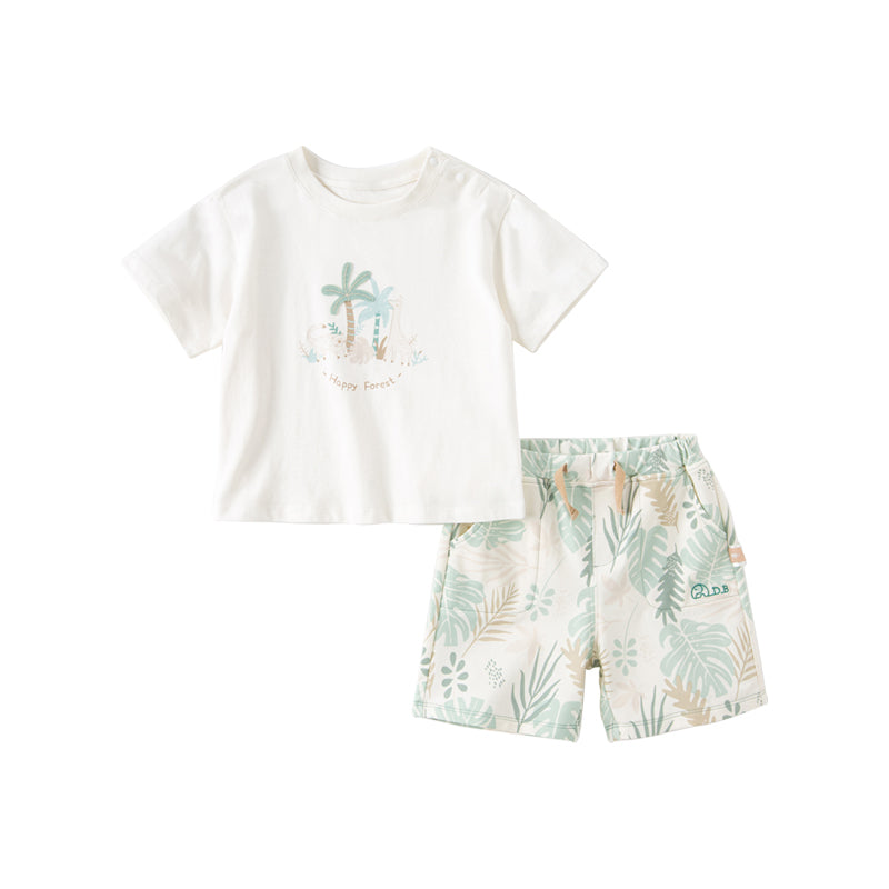 Dave&Bella Summer Toddler Boys Leaf Print White Two-Piece Suit