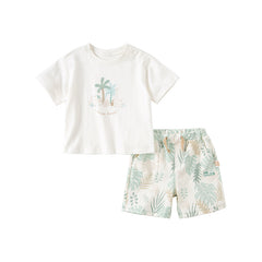 Dave&Bella Summer Toddler Boys Leaf Print White Two-Piece Suit