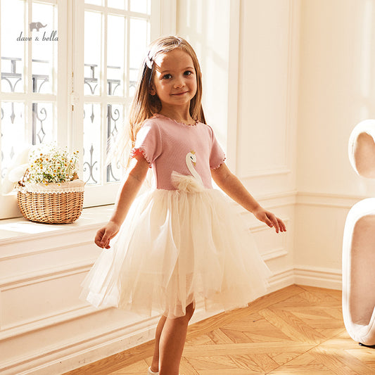Dave&Bella Kids Girls Summer Swan Print Pink Mesh Birthday Party A-line Dress