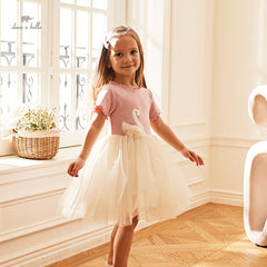 Dave&Bella Kids Girls Summer Swan Print Pink Mesh Birthday Party A-line Dress