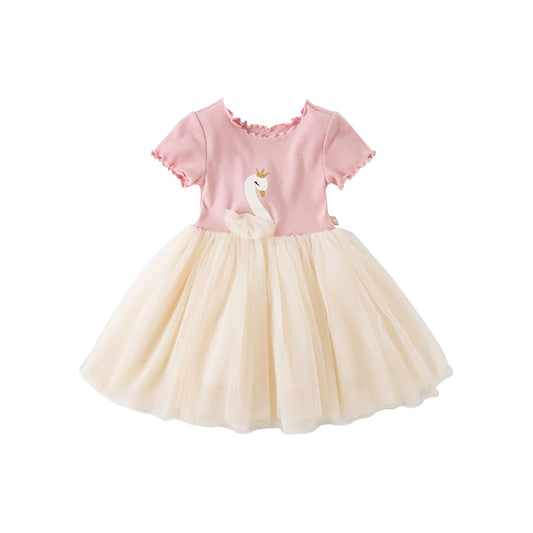 Dave&Bella Kids Girls Summer Swan Print Pink Mesh Birthday Party A-line Dress