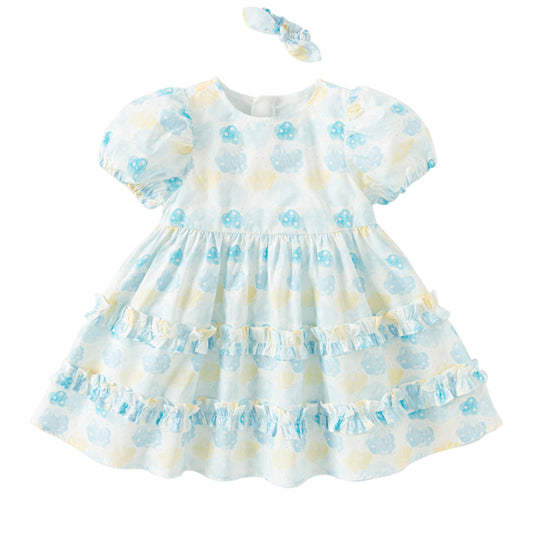 Dave&Bella Girls Summer Cotton Sweet Blue Bubble Sleeve Princess Dress
