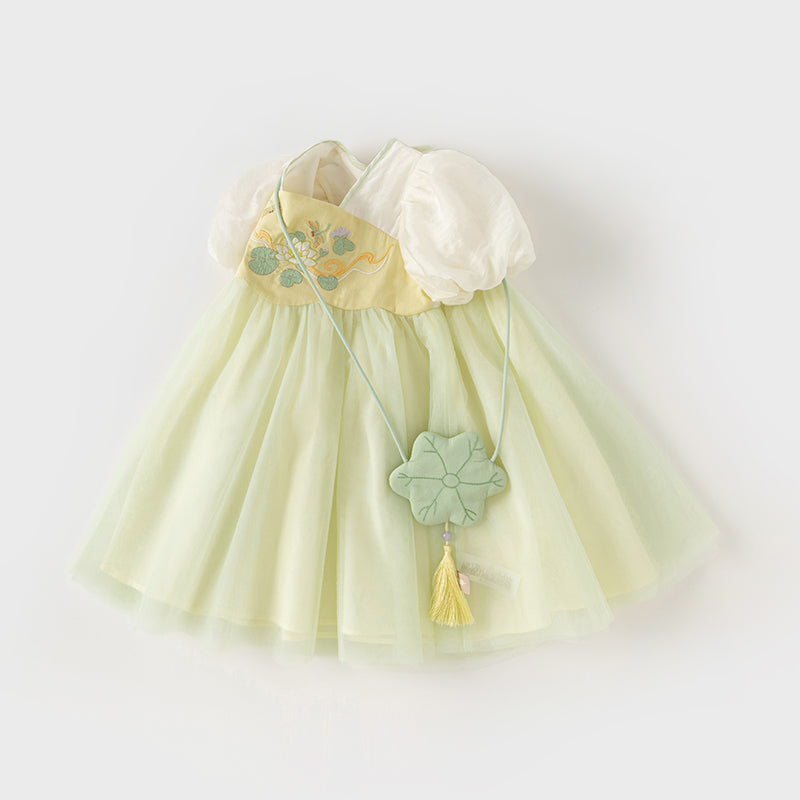 Dave&Bella Girls Summer Chinese Style Green Mesh Princess Dress (wallet bag）