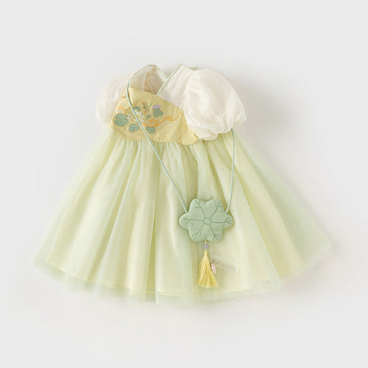 Dave&Bella Girls Summer Chinese Style Green Mesh Princess Dress (wallet bag）