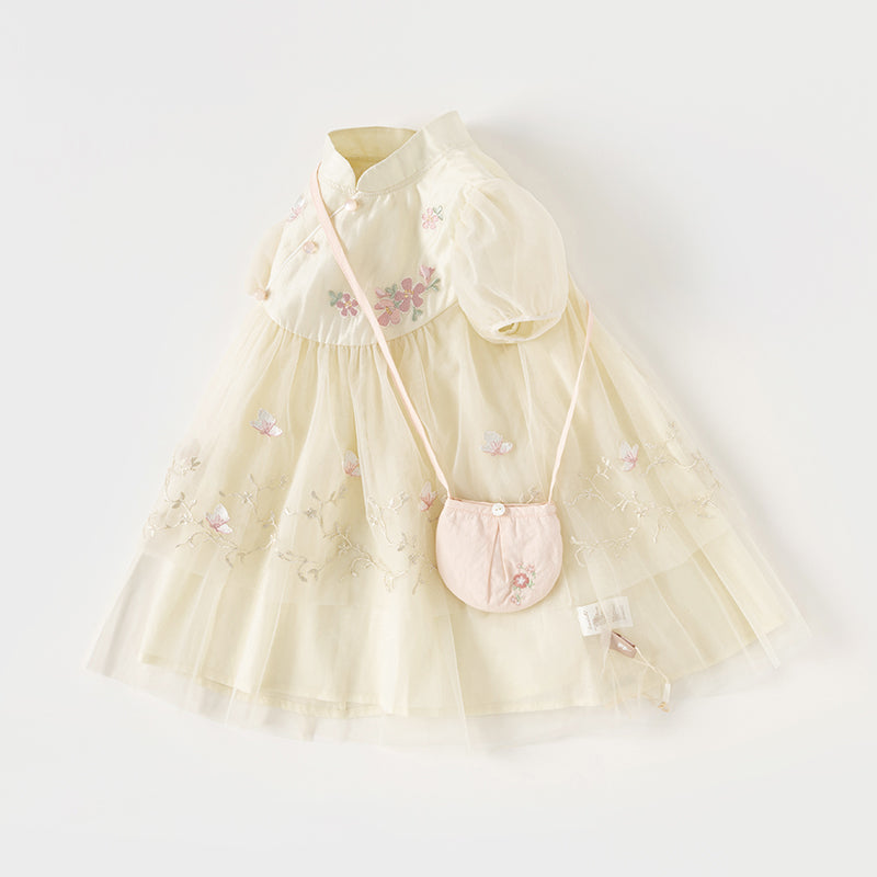 Dave&Bella Toddler Girls Summer Flower Embroidery Chinese-style Mesh Dress(wallet bag)