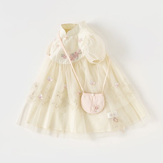 Dave&Bella Toddler Girls Summer Flower Embroidery Chinese-style Mesh Dress(wallet bag)