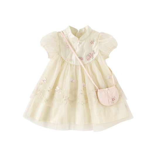 Dave&Bella Toddler Girls Summer Flower Embroidery Chinese-style Mesh Dress(wallet bag)