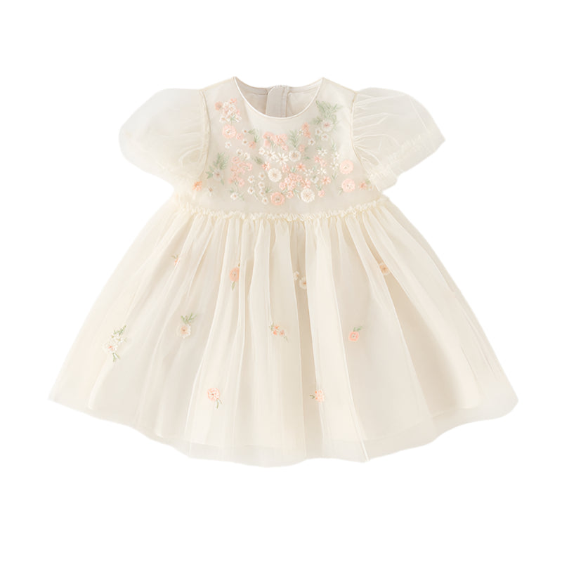 Dave&Bella Toddler Girls Summer Noble Flower Embroidery Mesh Princess Dress