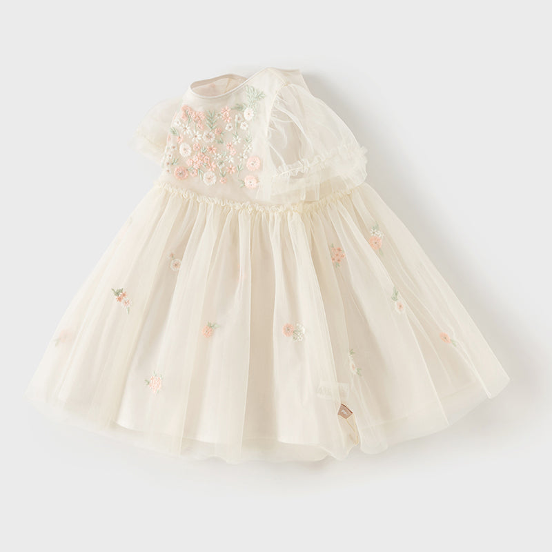 Dave&Bella Toddler Girls Summer Noble Flower Embroidery Mesh Princess Dress