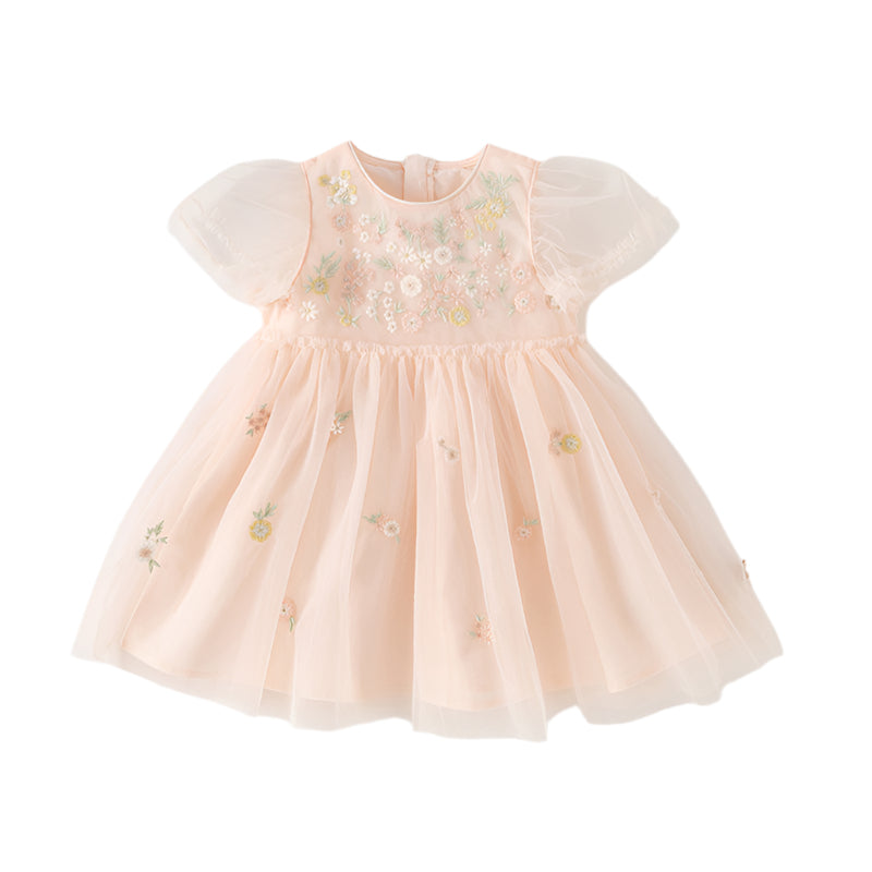 Dave&Bella Toddler Girls Summer Noble Flower Embroidery Mesh Princess Dress