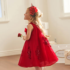 Dave&Bella Kids Girls Summer Festival Red Sleeveless Luxury Tulle Formal Princess Dress