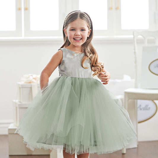 Dave&Bella Girls Summer Grey Green Sleeveless Round Collar Mesh Princess Dress