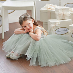 Dave&Bella Girls Summer Grey Green Sleeveless Round Collar Mesh Princess Dress