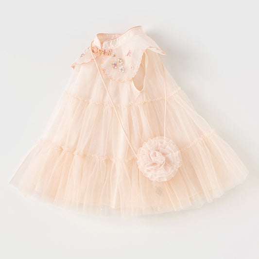 Dave&Bella Toddler Girls Summer Chinese-style Flower Embroidery Mesh Dress(wallet bag)