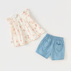 Dave&Bella Girls Summer Cotton Strawberry Print Sleeveless T-shirt Short Pant Set