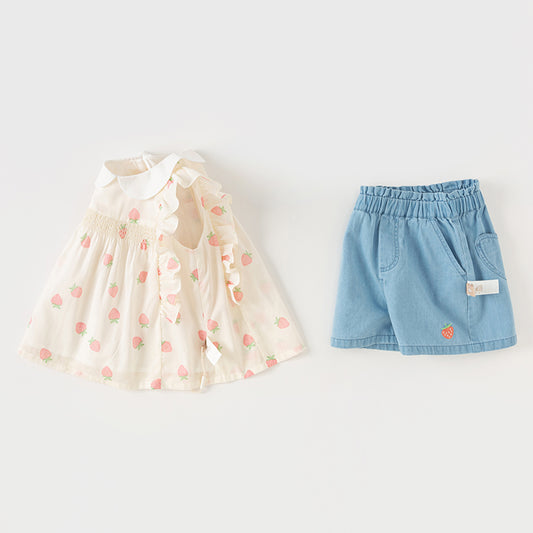 Dave&Bella Girls Summer Cotton Strawberry Print Sleeveless T-shirt Short Pant Set