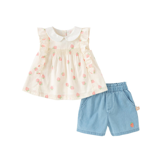 Dave&Bella Girls Summer Cotton Strawberry Print Sleeveless T-shirt Short Pant Set
