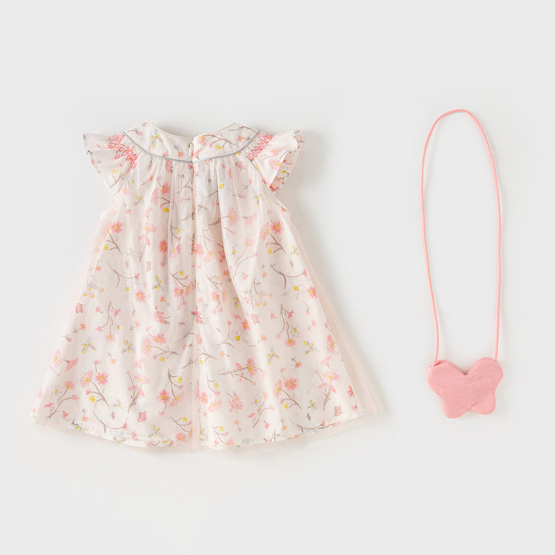 Dave&Bella Toddler Girls Summer Sweet Pink Floral Print Mesh Princess Dress (wallet bag)