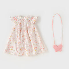Dave&Bella Girls Summer Sweet Pink Floral Print Mesh Princess Dress (wallet bag)