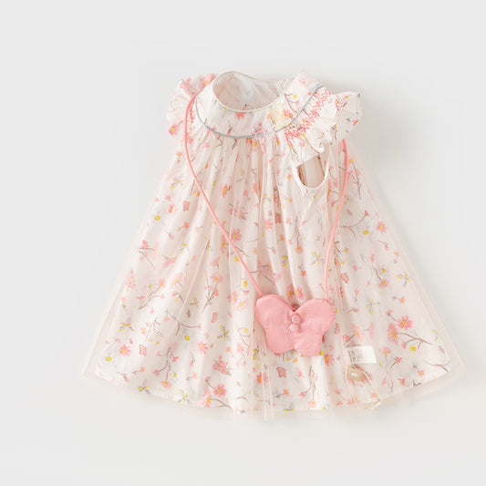 Dave&Bella Girls Summer Sweet Pink Floral Print Mesh Princess Dress (wallet bag)