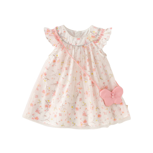 Dave&Bella Girls Summer Sweet Pink Floral Print Mesh Princess Dress (wallet bag)