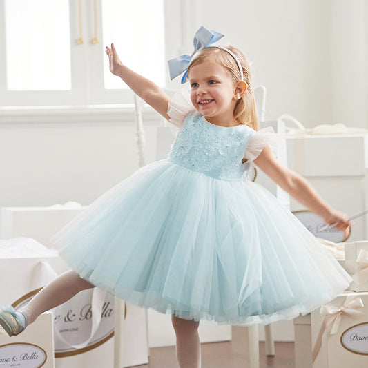 Dave&Bella Toddler Girls Summer Elegant Blue Flutter Sleeve Luxury Mesh Tutu Party Dress