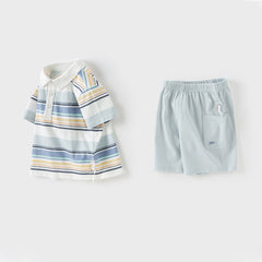 Dave&Bella Boys Summer Cotton Blue Striped Polo T-shirt Short Pant Set