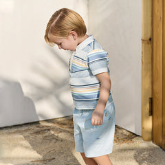 Dave&Bella Boys Summer Cotton Blue Striped Polo T-shirt Short Pant Set