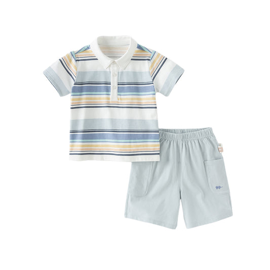 Dave&Bella Boys Summer Cotton Blue Striped Polo T-shirt Short Pant Set